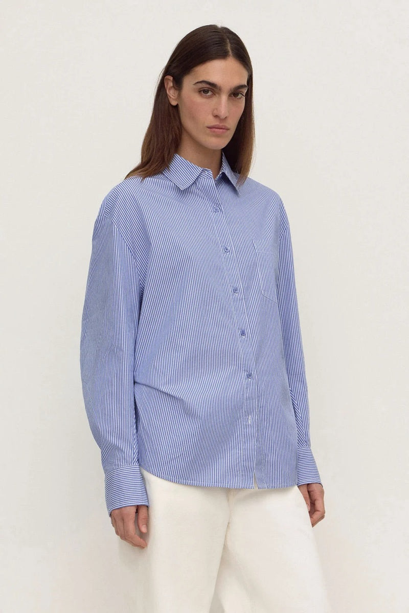 Ava Stripe Cotton Poplin Long Sleeve Shirt | Navy Stripe
