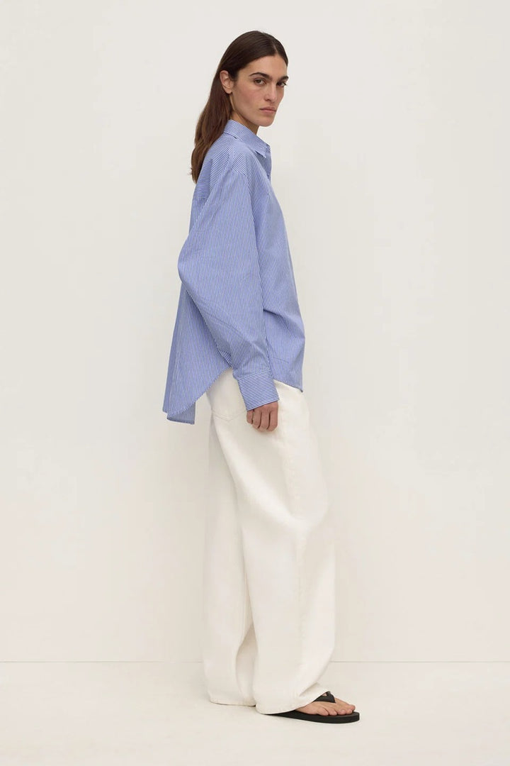 Ava Stripe Cotton Poplin Long Sleeve Shirt | Navy Stripe