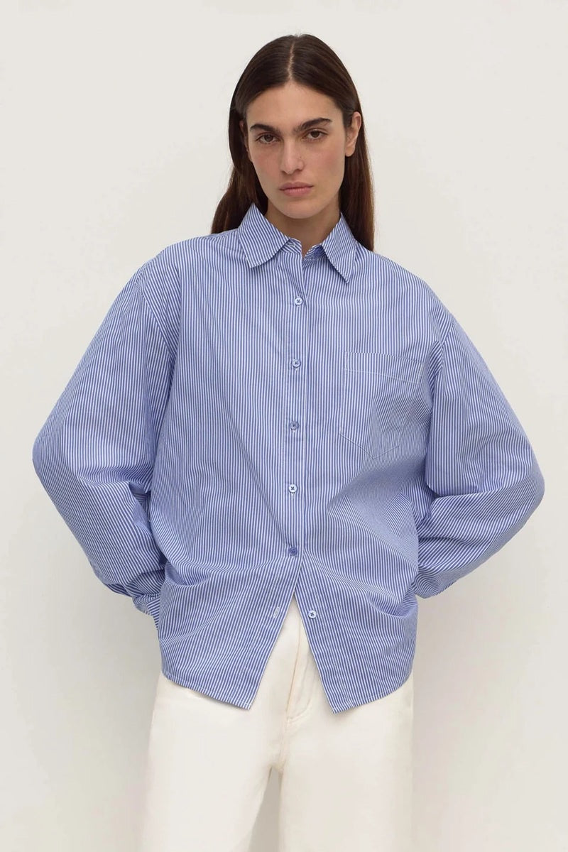 Ava Stripe Cotton Poplin Long Sleeve Shirt | Navy Stripe