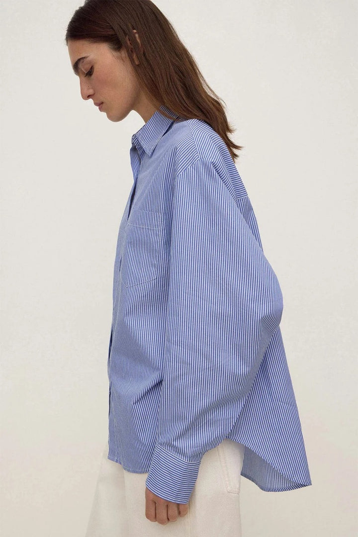 Ava Stripe Cotton Poplin Long Sleeve Shirt | Navy Stripe
