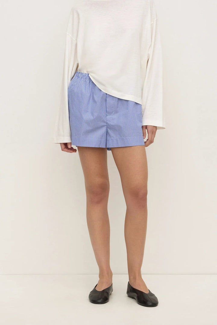 Ava Stripe Cotton Poplin Short | Navy Stripe