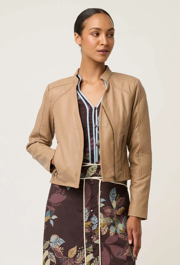 Blaire Leather Herringbone Stitch Detail Jacket | Wheat