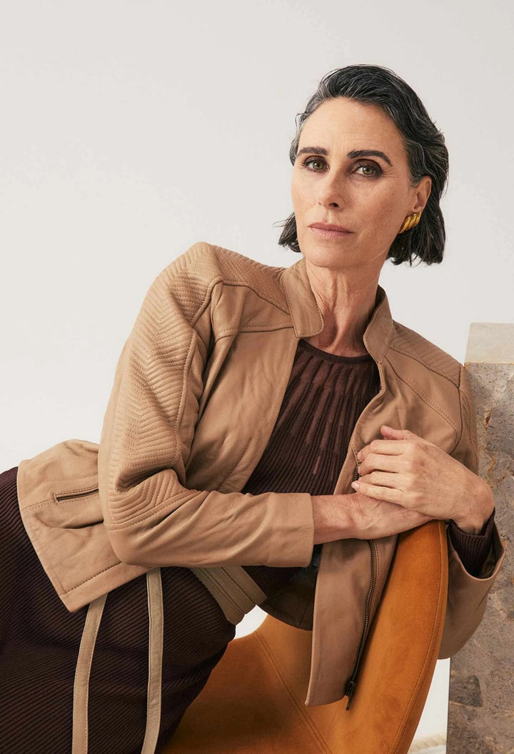 Blaire Leather Herringbone Stitch Detail Jacket | Wheat