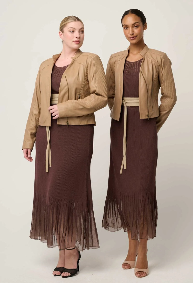 Blaire Leather Herringbone Stitch Detail Jacket | Wheat