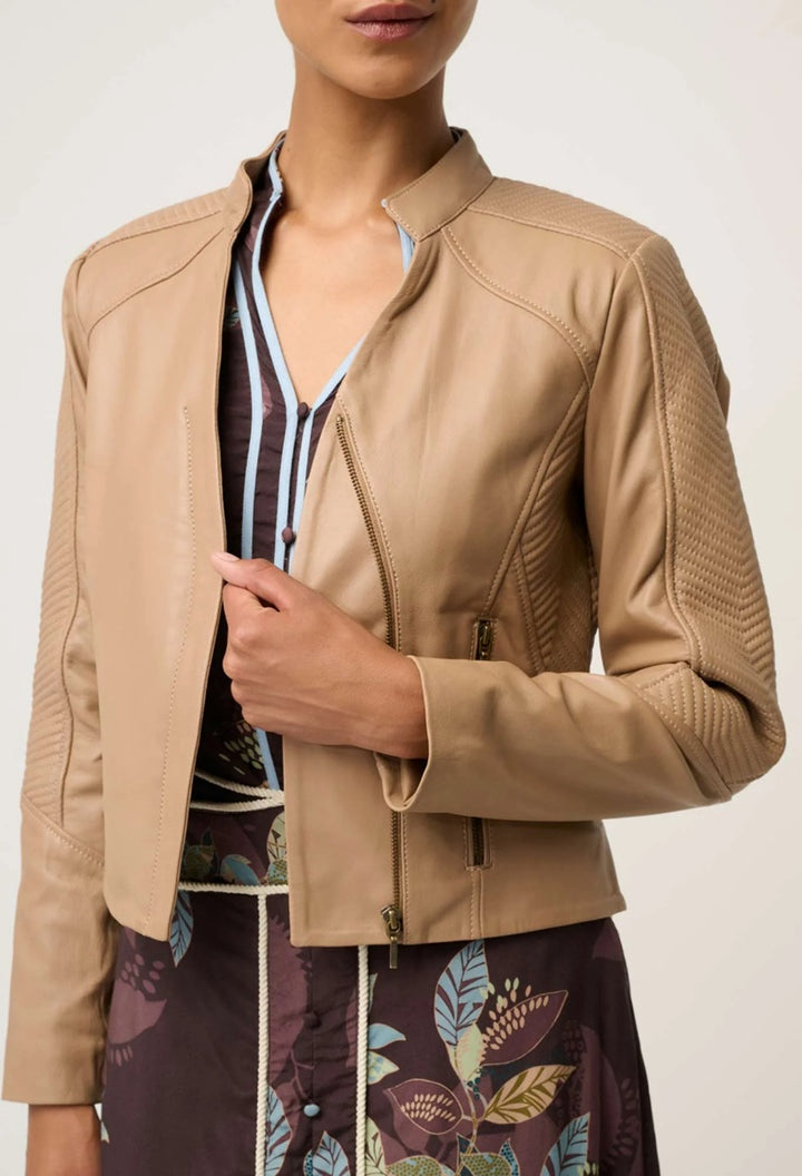 Blaire Leather Herringbone Stitch Detail Jacket | Wheat