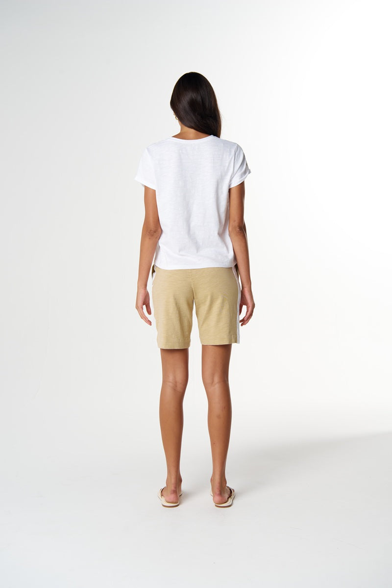 The Irregular Embroidered V Neck TShirt | White & Safari C13029