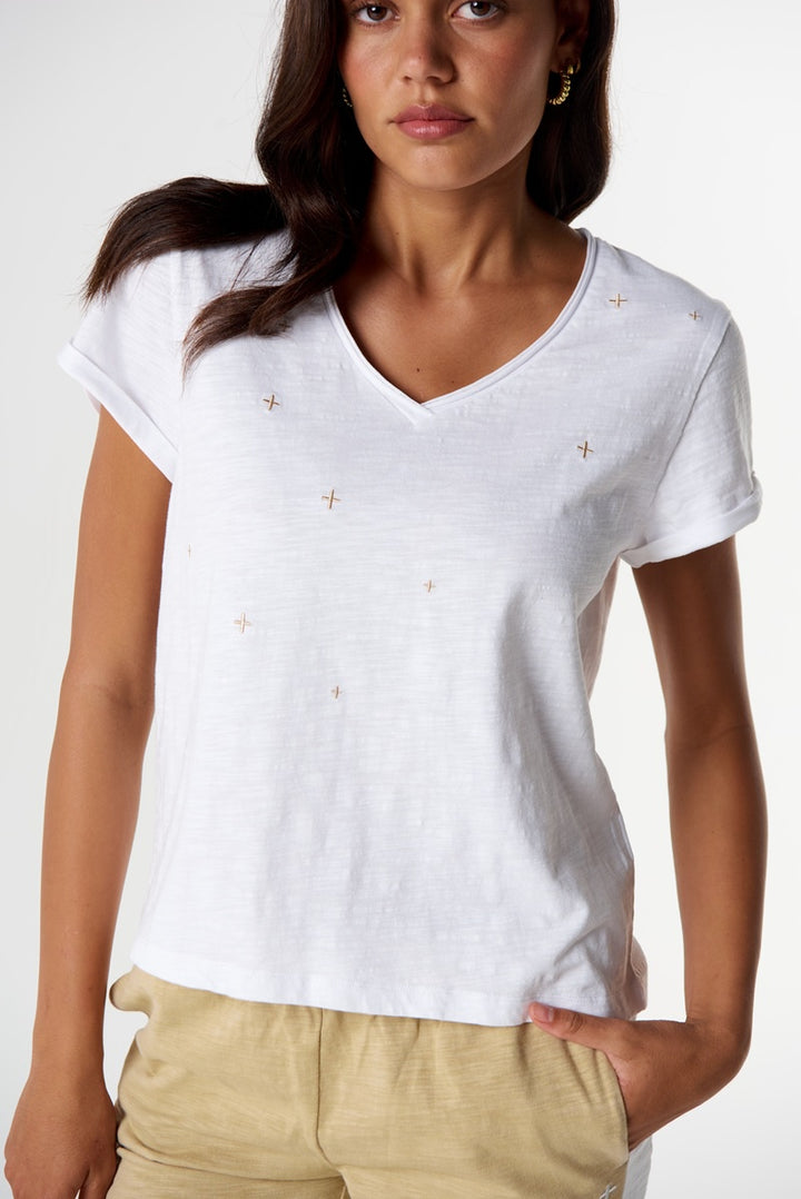 The Irregular Embroidered V Neck TShirt | White & Safari C13029