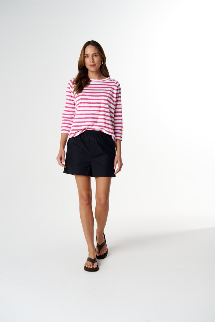 Repeat Offender 3/4 Sleeve Tee | White & Carmine Rose Stripe C1387