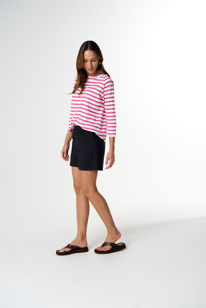 Repeat Offender 3/4 Sleeve Tee | White & Carmine Rose Stripe C1387