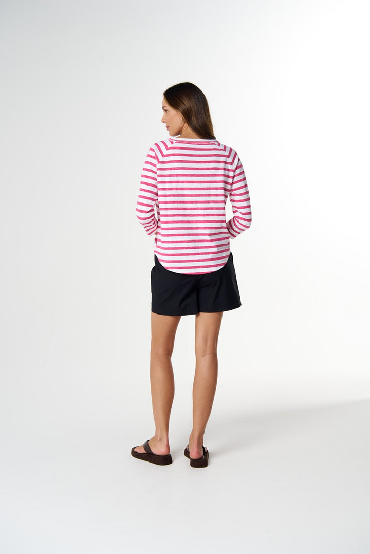 Repeat Offender 3/4 Sleeve Tee | White & Carmine Rose Stripe C1387