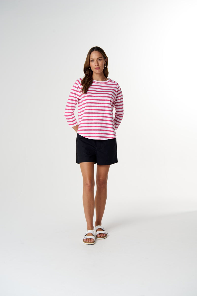Repeat Offender 3/4 Sleeve Tee | White & Carmine Rose Stripe C1387