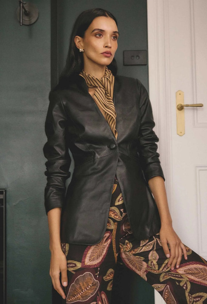 Calypso Genuine Leather Panelled Blazer | Black