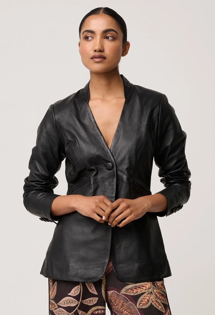 Calypso Genuine Leather Panelled Blazer | Black