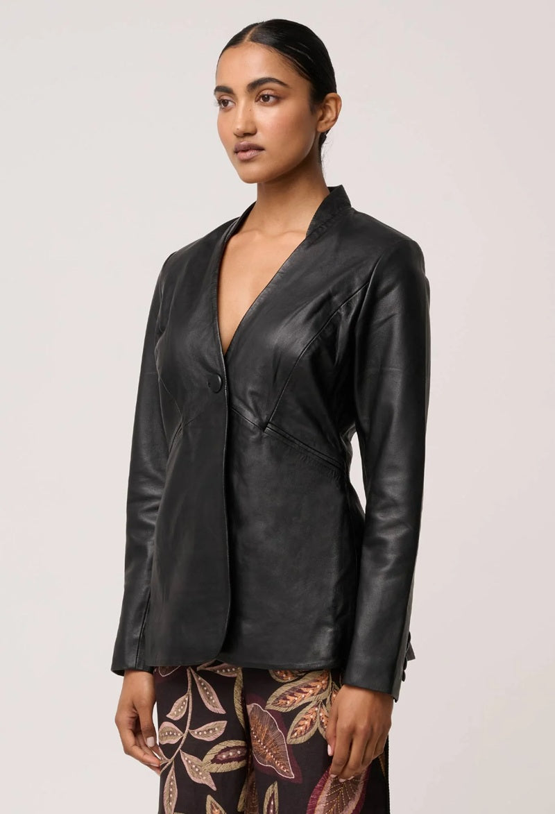 Calypso Genuine Leather Panelled Blazer | Black