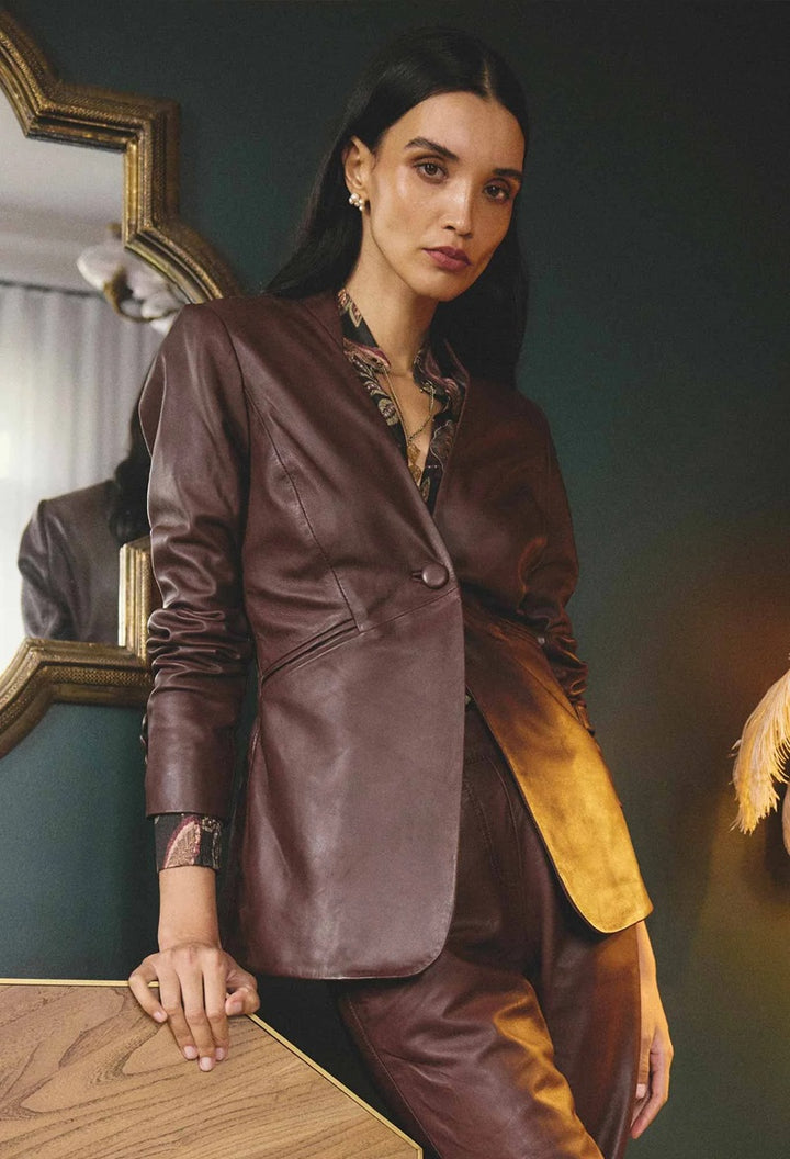 Calypso Genuine Leather Panelled Blazer | Oxblood
