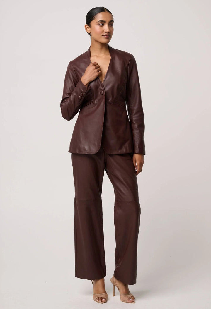 Calypso Genuine Leather Panelled Blazer | Oxblood