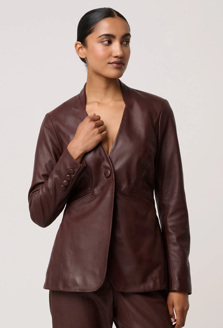 Calypso Genuine Leather Panelled Blazer | Oxblood