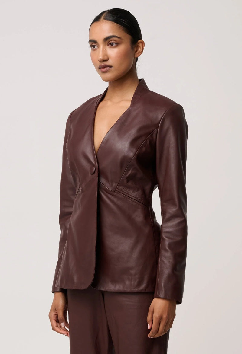 Calypso Genuine Leather Panelled Blazer | Oxblood