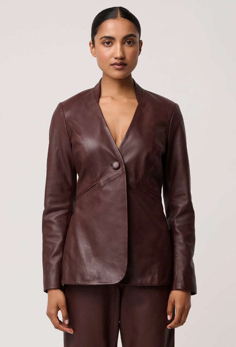 Calypso Genuine Leather Panelled Blazer | Oxblood