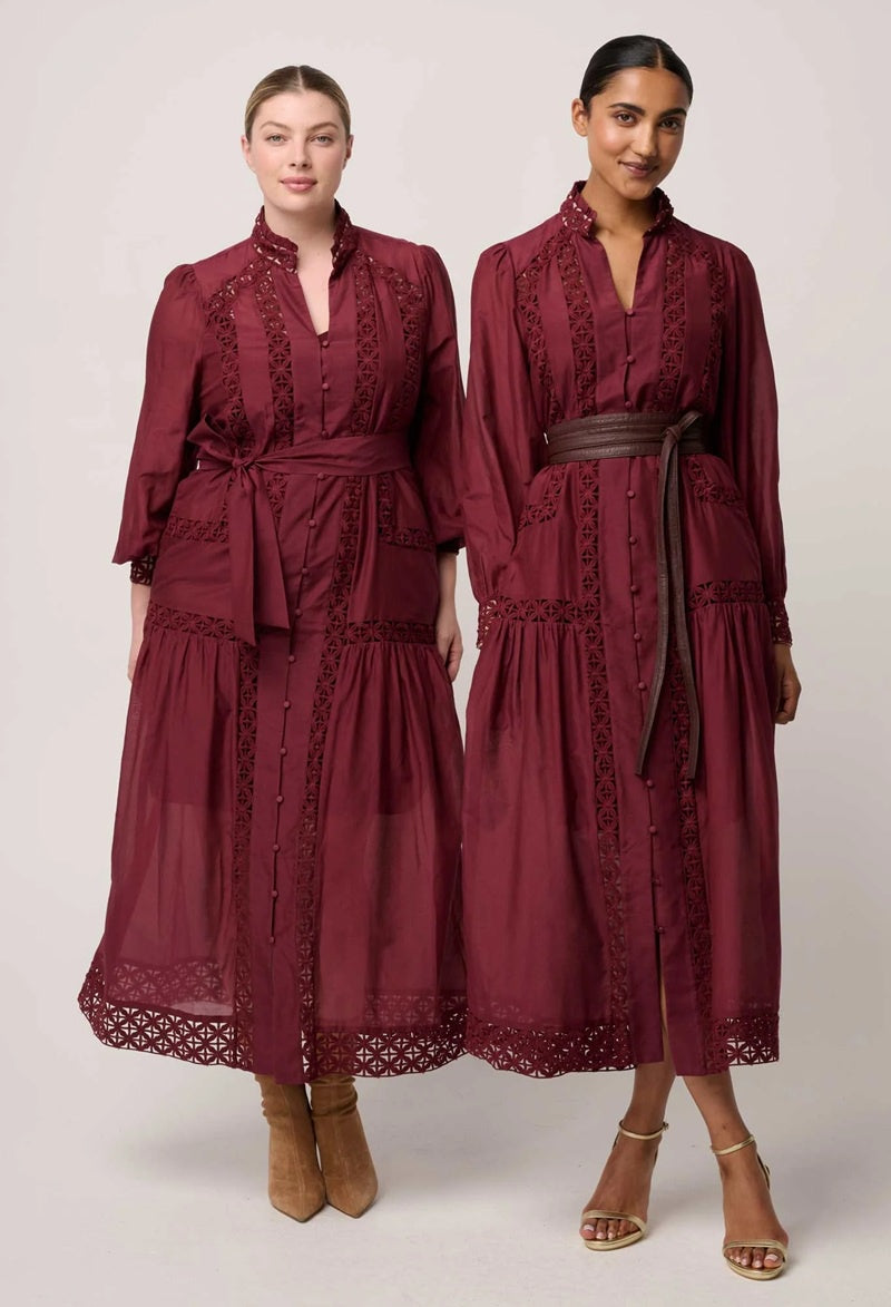 Cascadian Cotton Silk Lace Detail Maxi Dress | Bordeaux