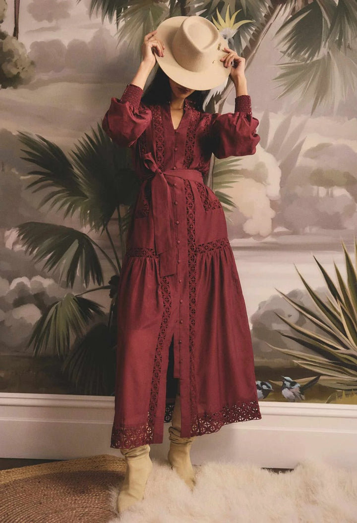 Cascadian Cotton Silk Lace Detail Maxi Dress | Bordeaux