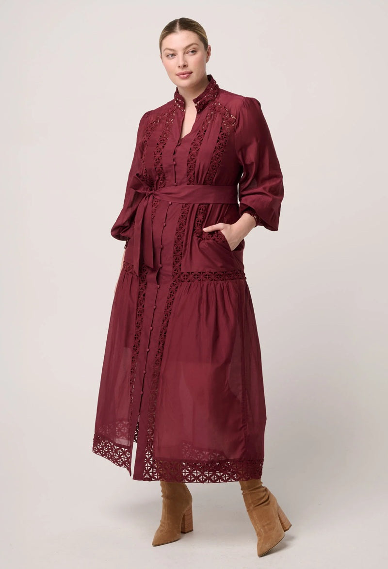 Cascadian Cotton Silk Lace Detail Maxi Dress | Bordeaux