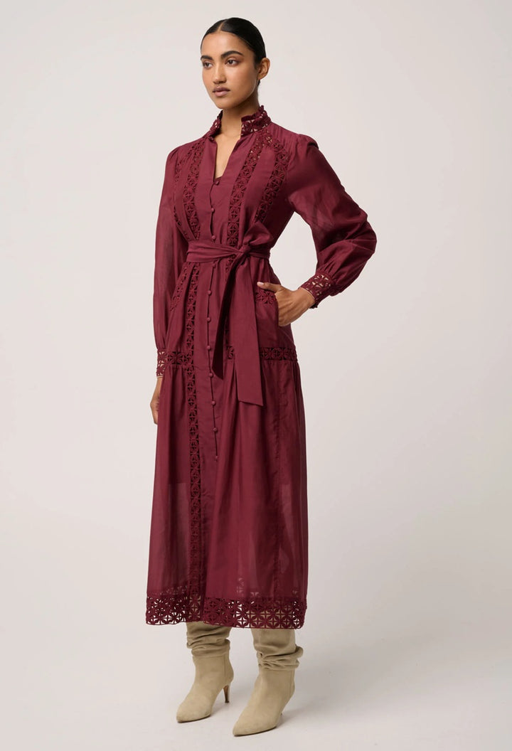 Cascadian Cotton Silk Lace Detail Maxi Dress | Bordeaux