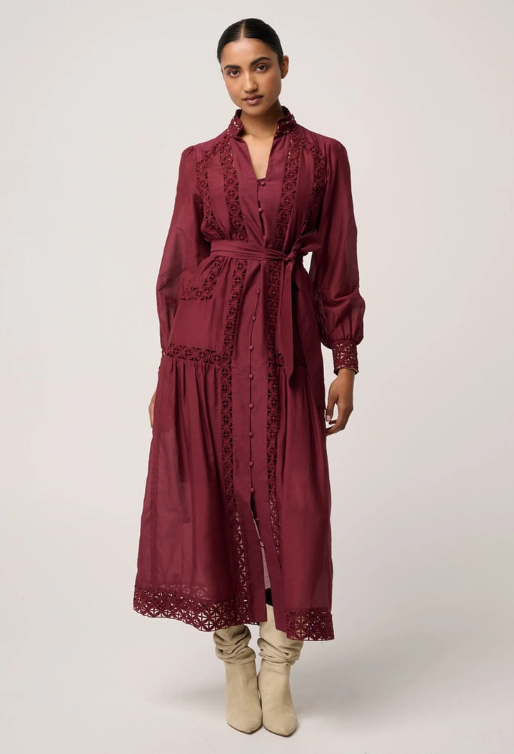 Cascadian Cotton Silk Lace Detail Maxi Dress | Bordeaux