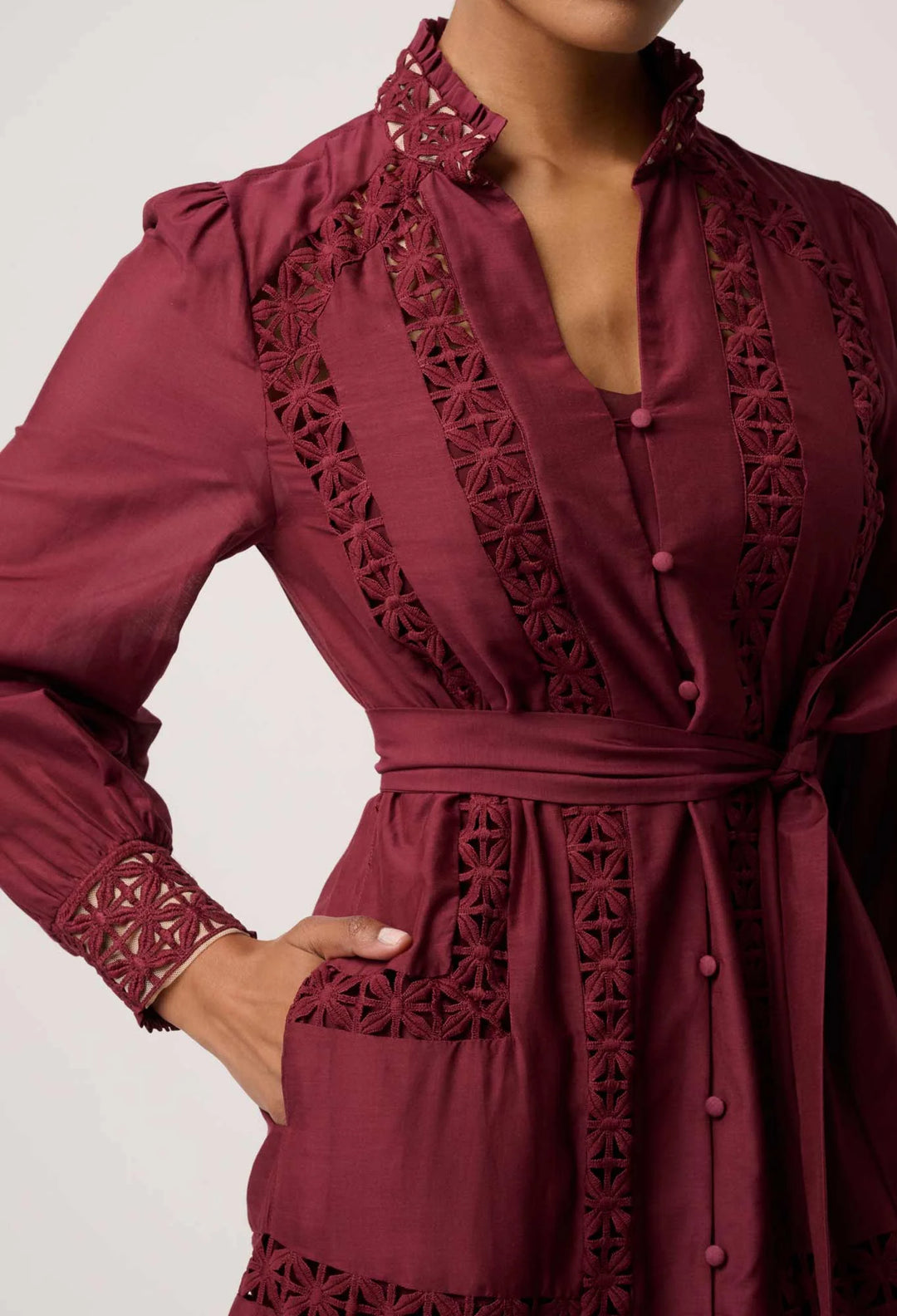 Cascadian Cotton Silk Lace Detail Maxi Dress | Bordeaux