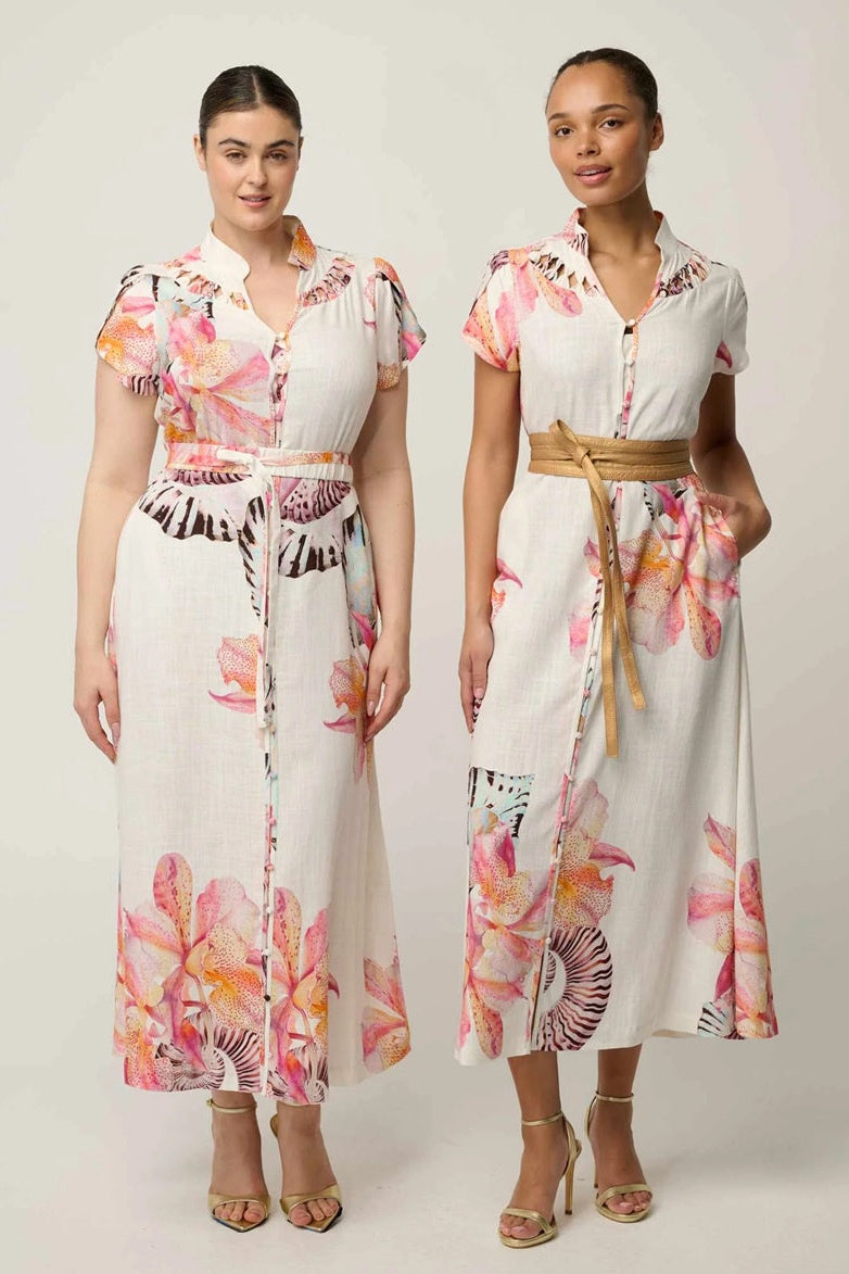 Cattleya Linen Viscose Smock Detail Maxi Dress | Natilus Bloom