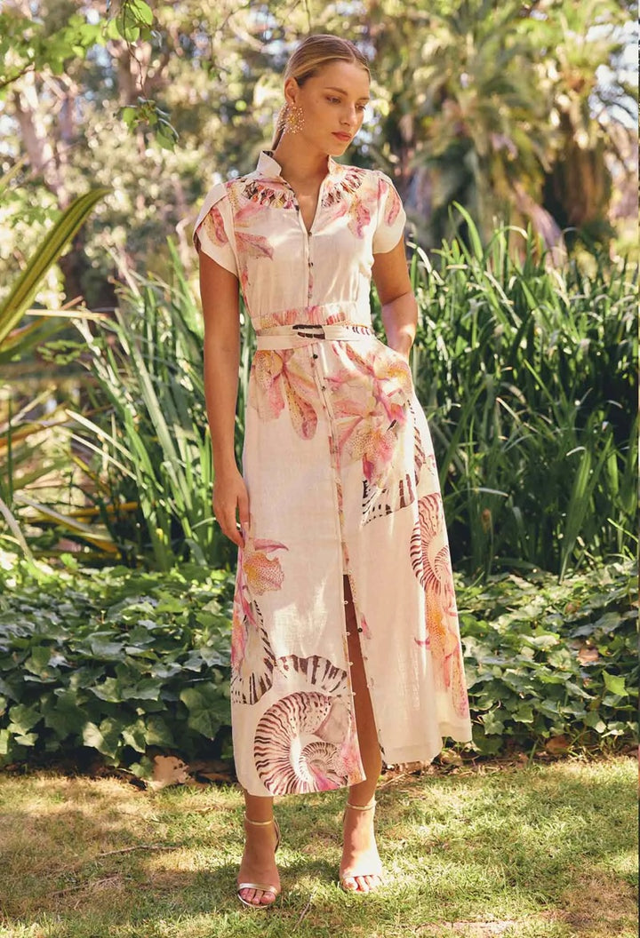 Cattleya Linen Viscose Smock Detail Maxi Dress | Natilus Bloom