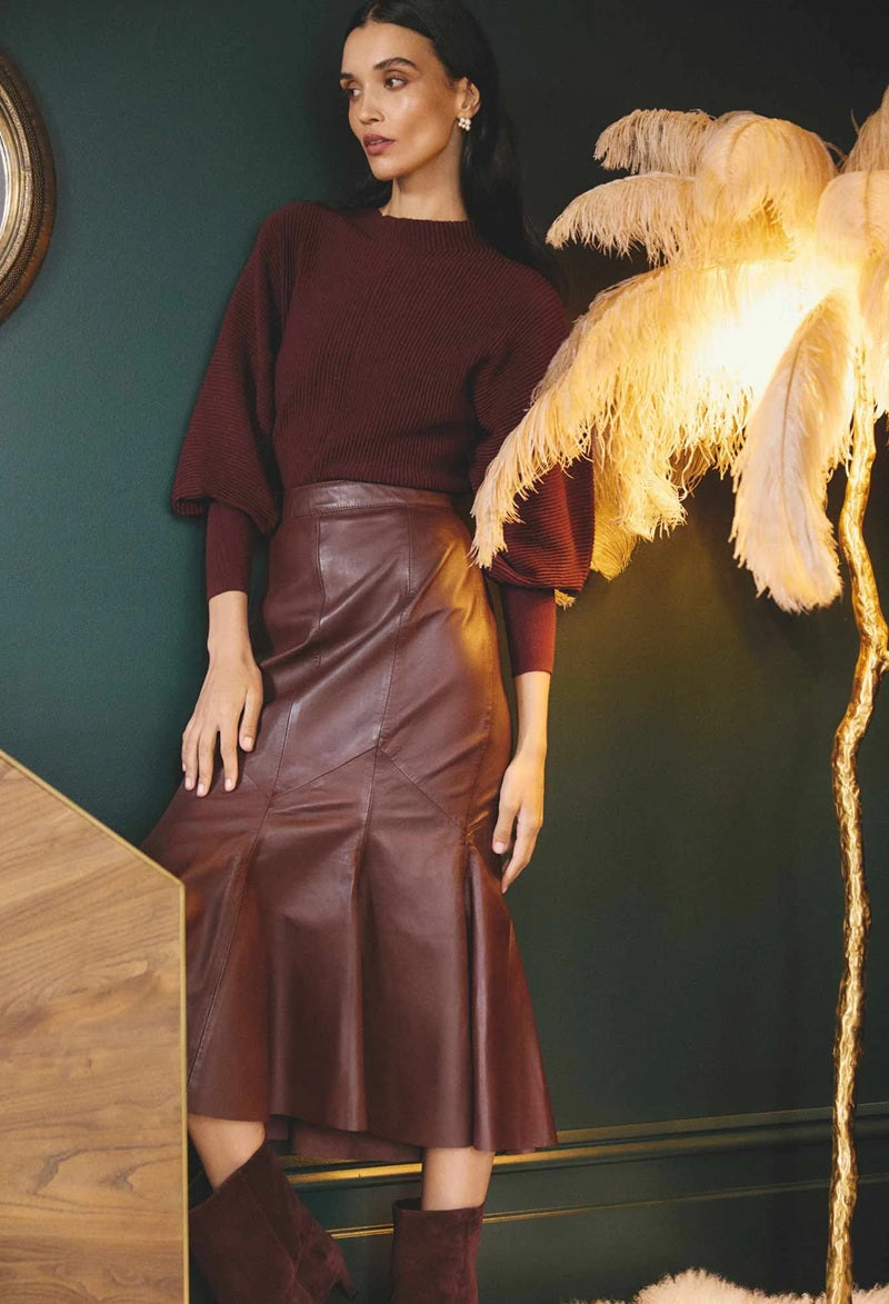 Gayle Genuine Leather Panelled Skirt | Oxblood