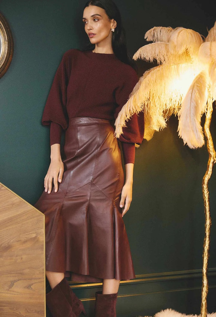 Gayle Genuine Leather Panelled Skirt | Oxblood