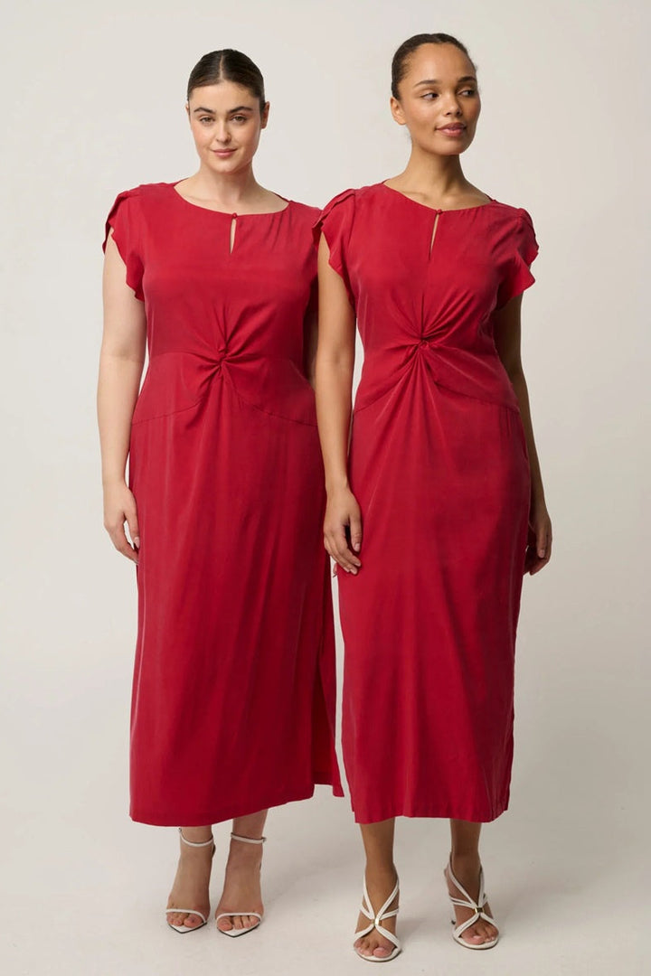 Geneva Stretch Cupro Viscose Twist Detail Column Midi Dress | Dahlia Red