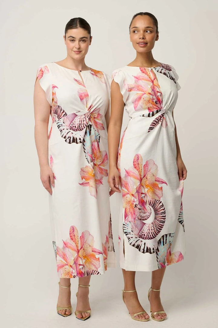Geneva Stretch Linen Viscose Twist Detail Midi Dress | Nautilus Bloom