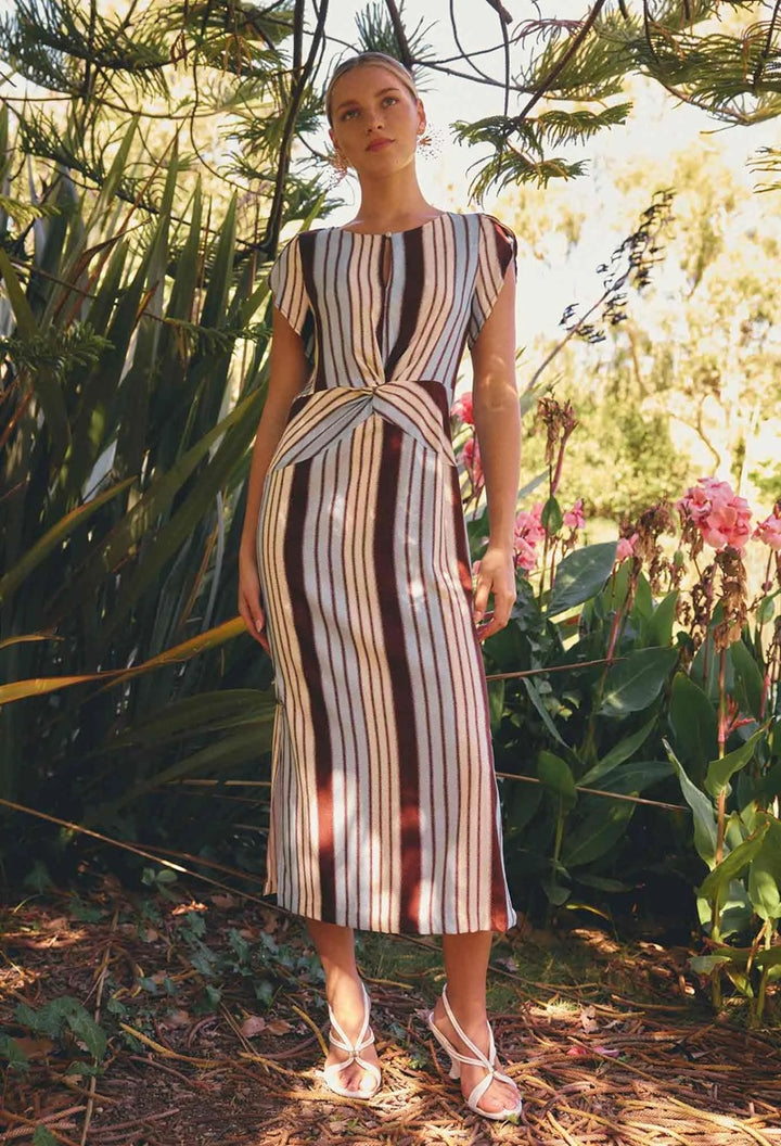 Geneva Stretch Cupro Column Midi Dress | Iridescent Stripe