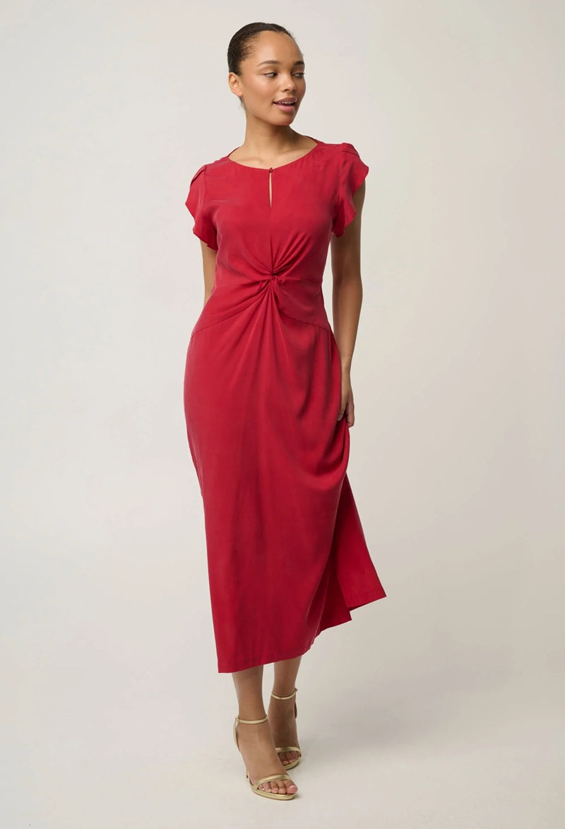 Geneva Stretch Cupro Viscose Twist Detail Column Midi Dress | Dahlia Red
