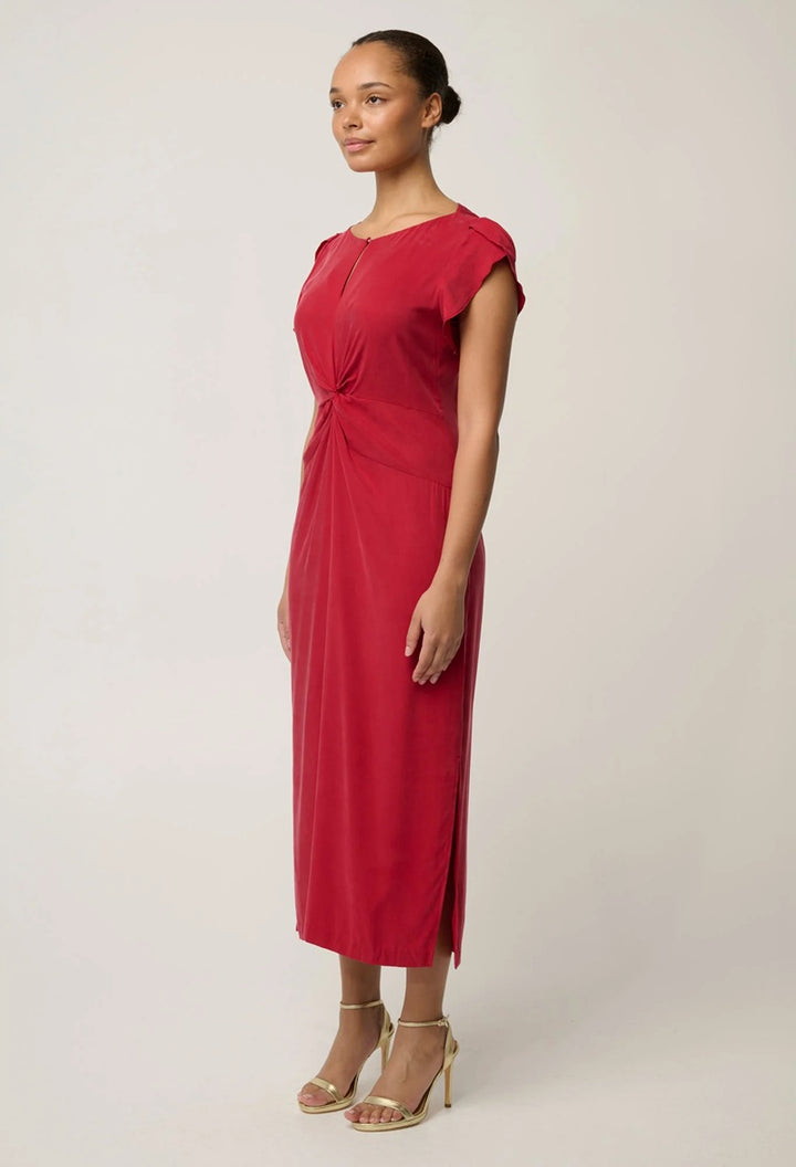 Geneva Stretch Cupro Viscose Twist Detail Column Midi Dress | Dahlia Red