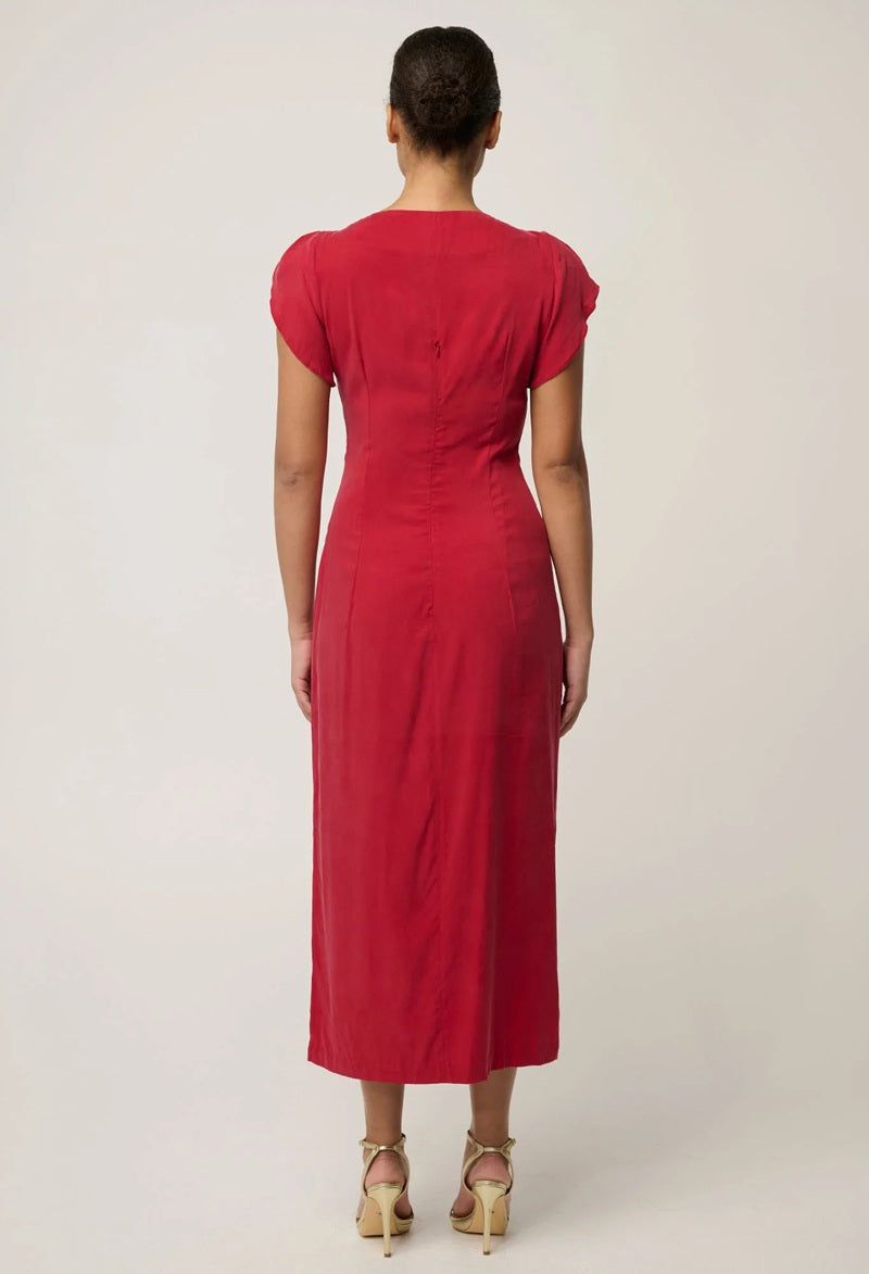 Geneva Stretch Cupro Viscose Twist Detail Column Midi Dress | Dahlia Red