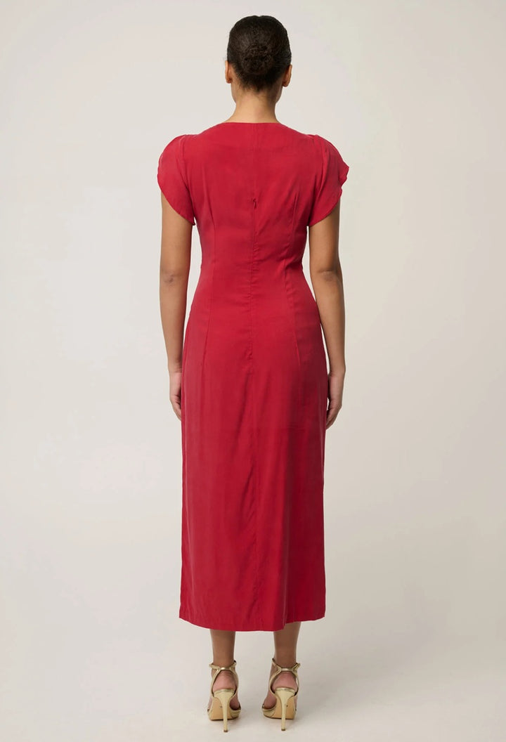 Geneva Stretch Cupro Viscose Twist Detail Column Midi Dress | Dahlia Red