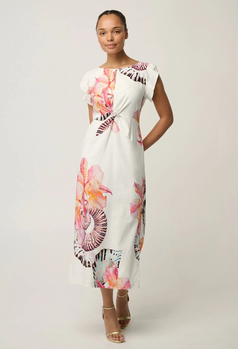 Geneva Stretch Linen Viscose Twist Detail Midi Dress | Nautilus Bloom