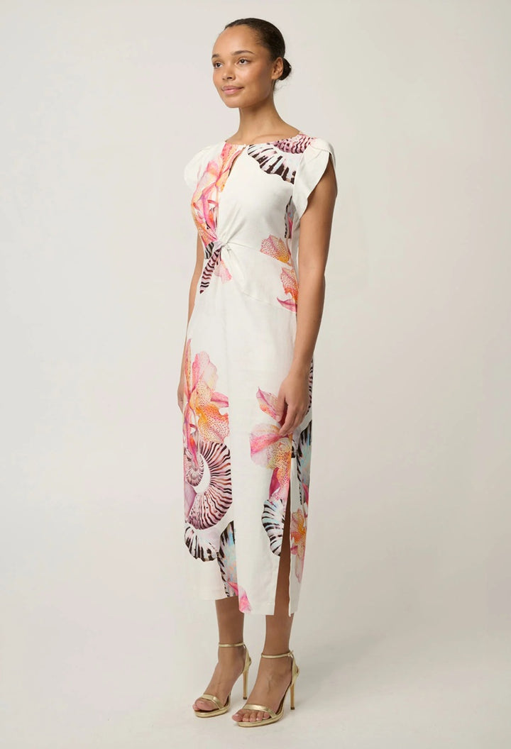 Geneva Stretch Linen Viscose Twist Detail Midi Dress | Nautilus Bloom