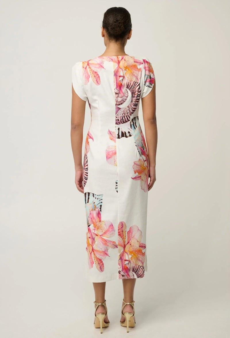 Geneva Stretch Linen Viscose Twist Detail Midi Dress | Nautilus Bloom