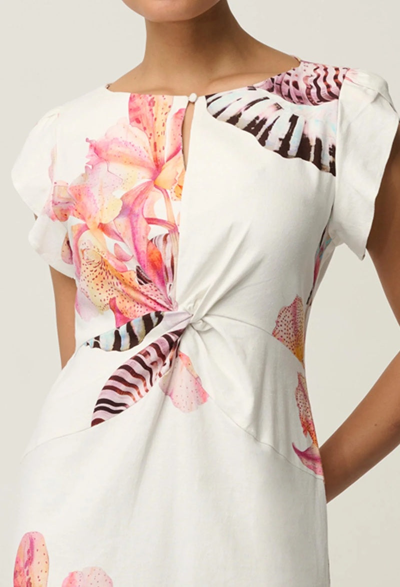 Geneva Stretch Linen Viscose Twist Detail Midi Dress | Nautilus Bloom