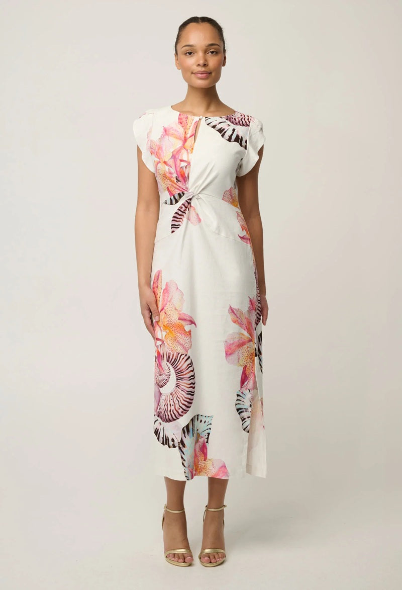 Geneva Stretch Linen Viscose Twist Detail Midi Dress | Nautilus Bloom