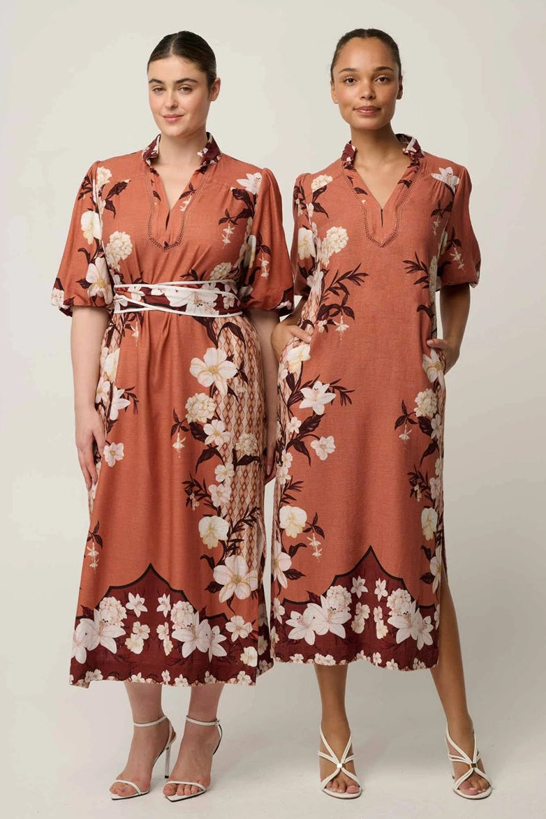 Gisela Linen Viscose Printed Coloum Midi Dress | Amber Vine