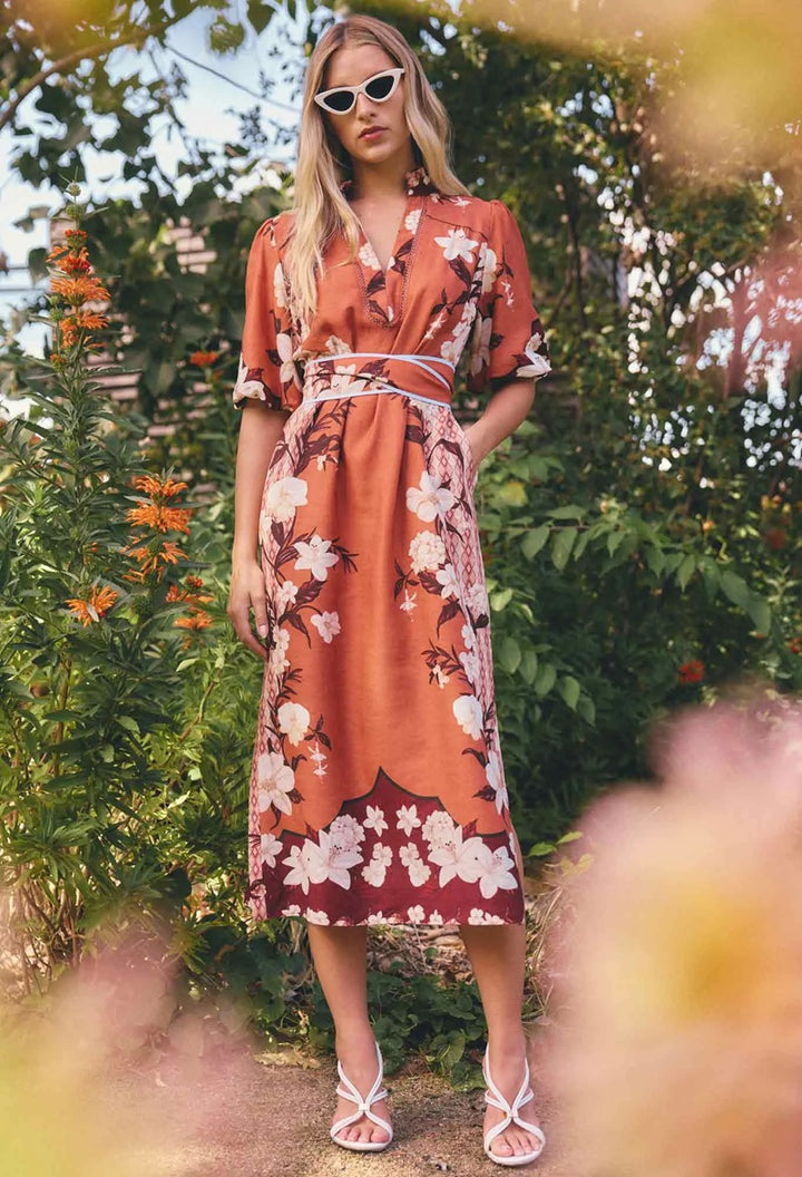 Gisela Linen Viscose Printed Coloum Midi Dress | Amber Vine