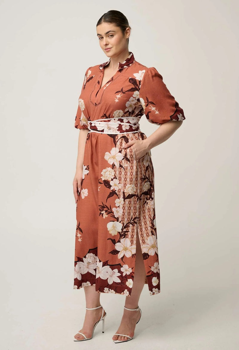 Gisela Linen Viscose Printed Coloum Midi Dress | Amber Vine