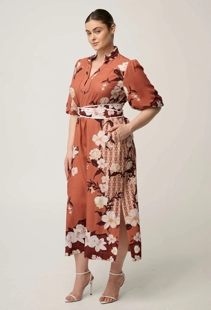 Gisela Linen Viscose Printed Coloum Midi Dress | Amber Vine