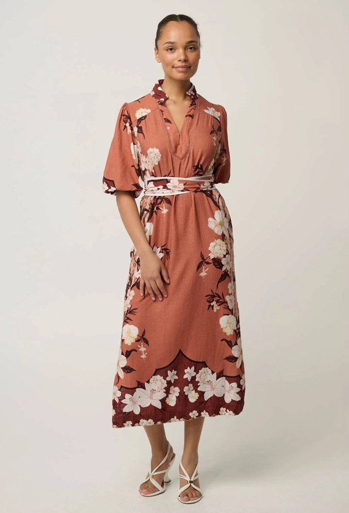 Gisela Linen Viscose Printed Coloum Midi Dress | Amber Vine